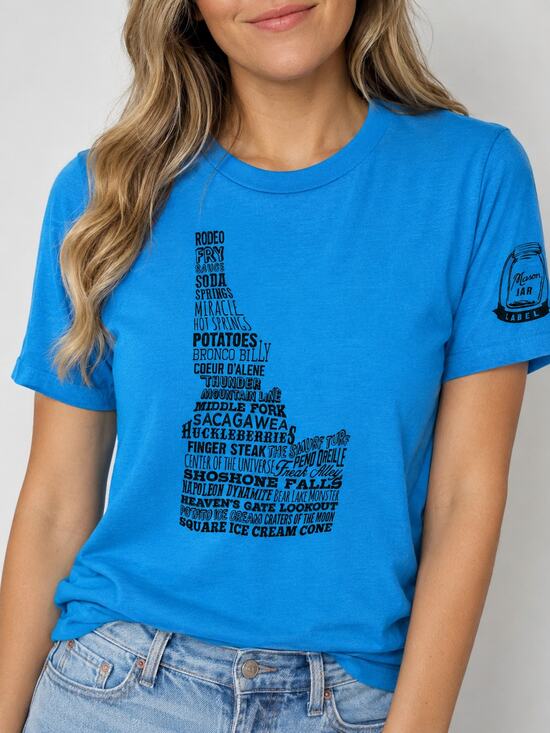 Mason Jar Label Tops - Mason Jar Label Idaho Graphic TShirt Small Blue Souvenir Travel Tee Cotton Blend